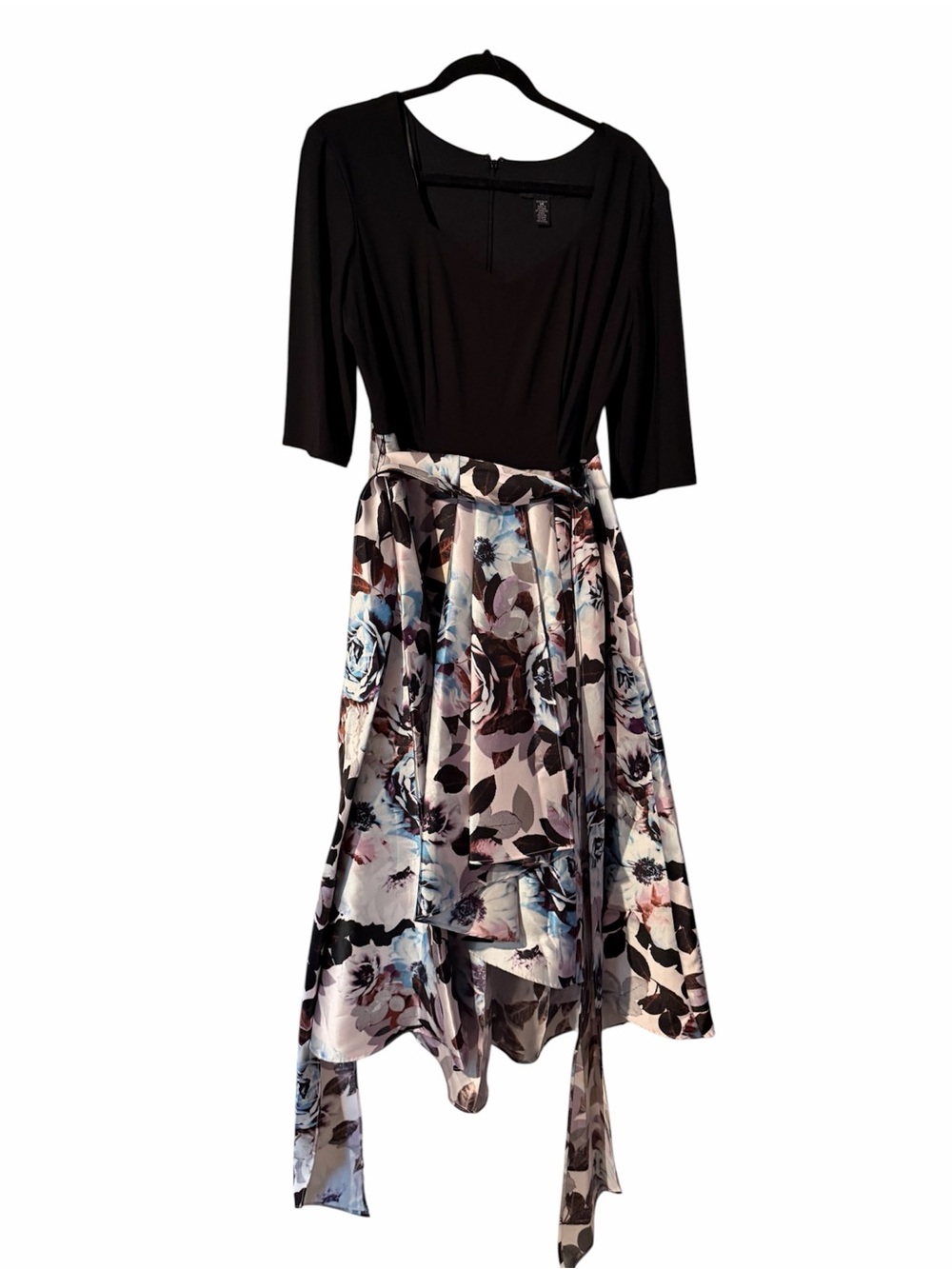 R & M Richards Black Top with Floral High-Low Satin Skirt